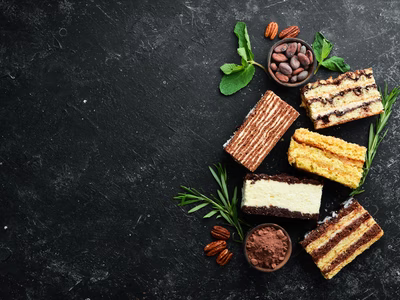 set-sweet-pieces-cakes-sweets-black-stone-background-top-view