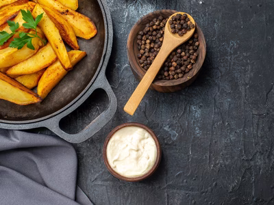 top-view-fried-tasty-potatoes-with-ketchup-mayyonaise-dark-background-meal-tomato-dinner-dish-meat-salad-photo-min
