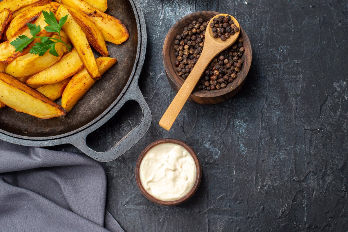 top-view-fried-tasty-potatoes-with-ketchup-mayyonaise-dark-background-meal-tomato-dinner-dish-meat-salad-photo-min